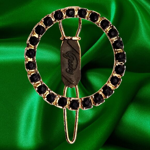 Vintage Goody Black Rhinestone Circle Hair Barrette Gold-Tone Hair Slide - Picture 3 of 4